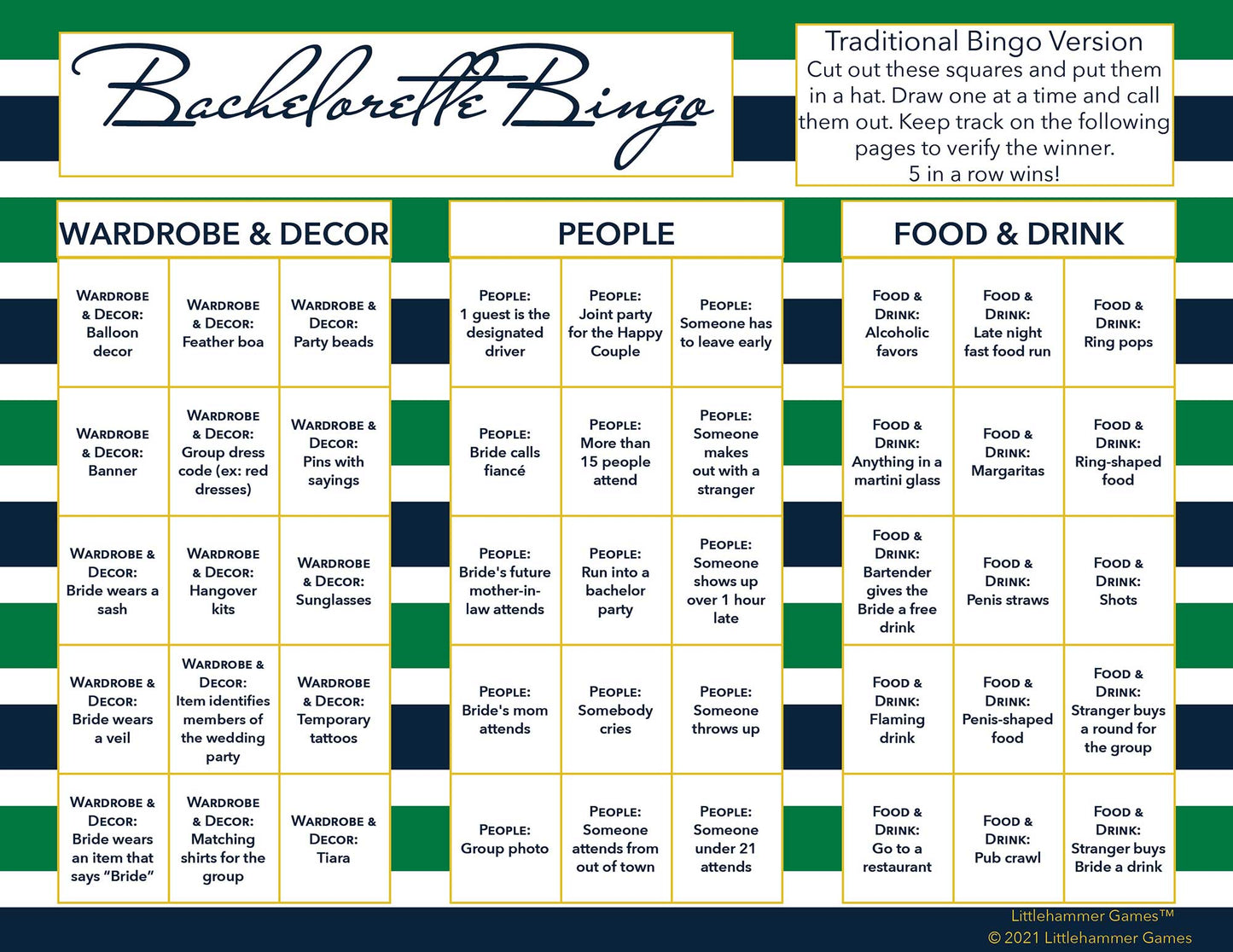 Bachelorette Bingo calling card with a green and navy-striped background