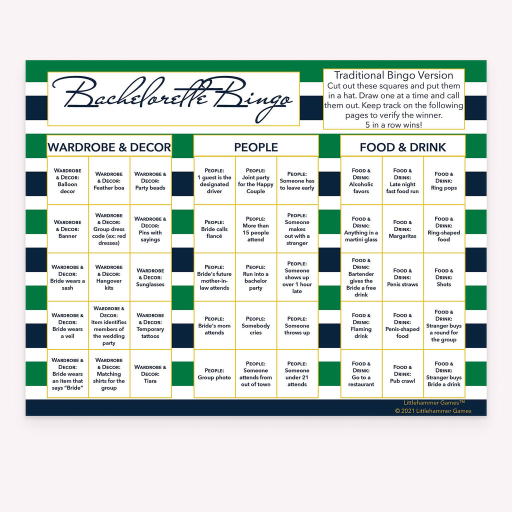 Bachelorette Bingo bachelorette party calling card with green and navy stripes layout