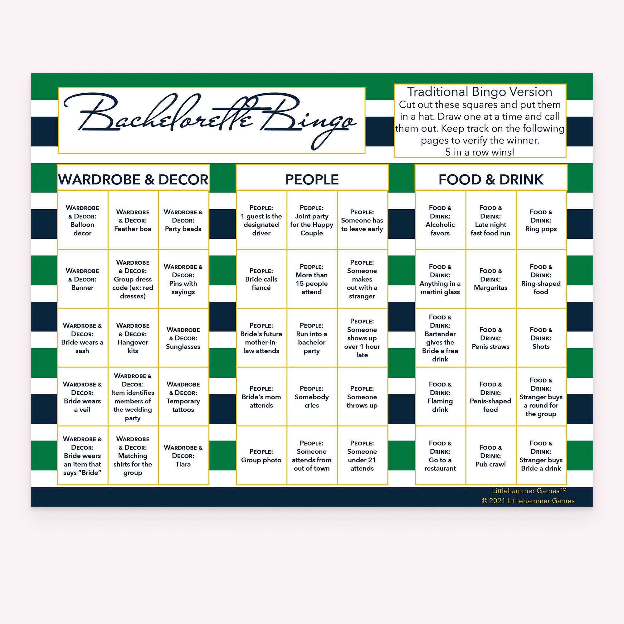 Bachelorette Bingo calling card with a green and navy-striped background