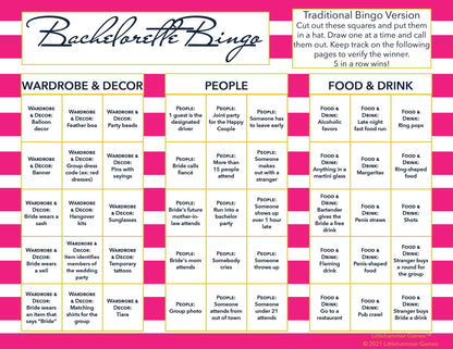 Bachelorette Bingo calling card with a hot pink-striped background