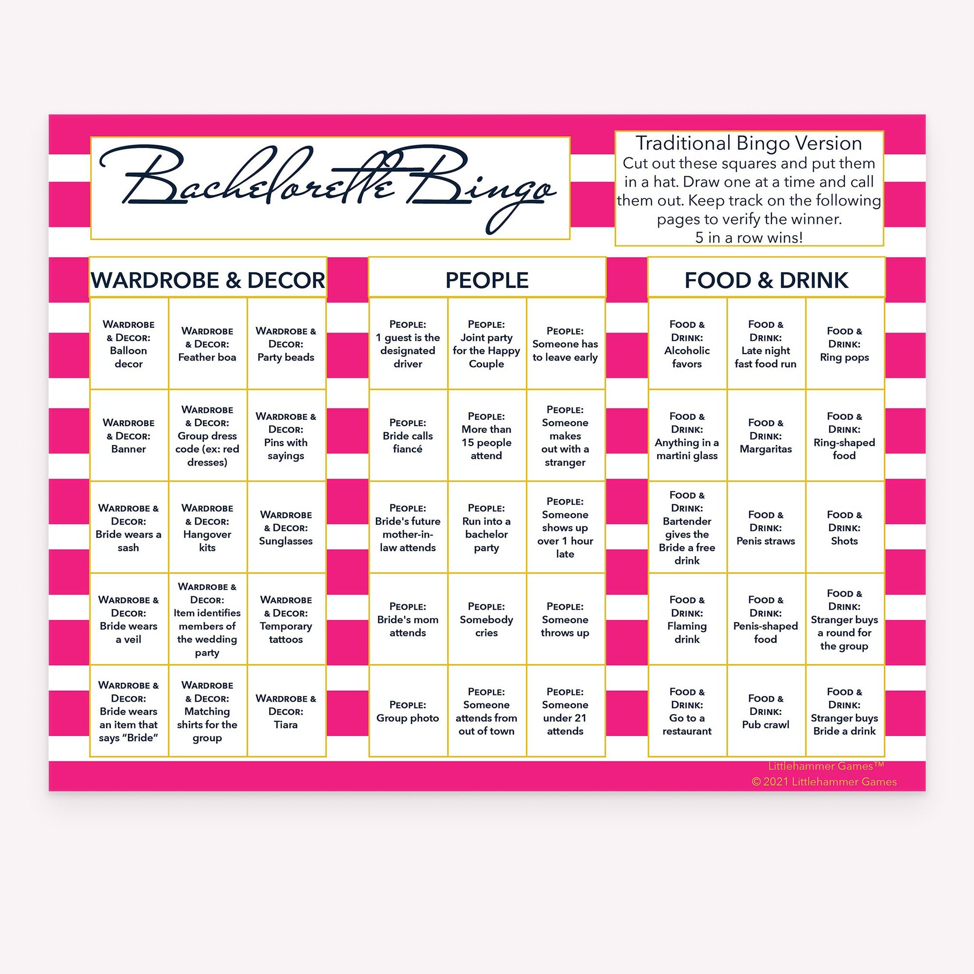Bachelorette Bingo calling card with a hot pink-striped background