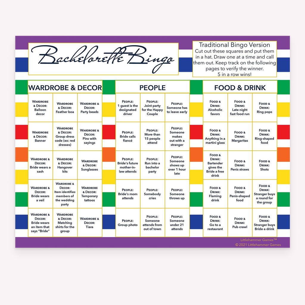 Bachelorette Bingo calling card with a rainbow striped background