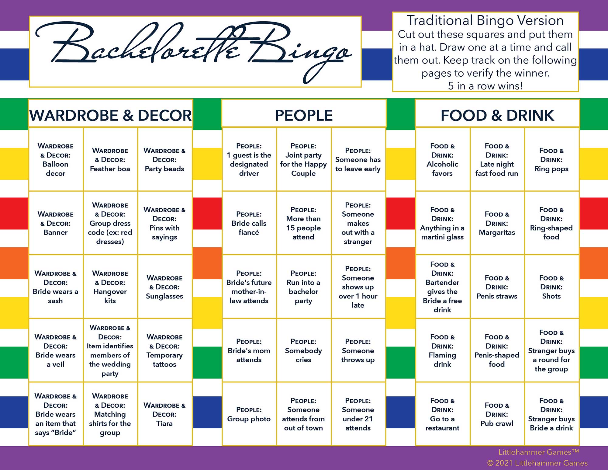 Bachelorette Bingo calling card with a rainbow striped background