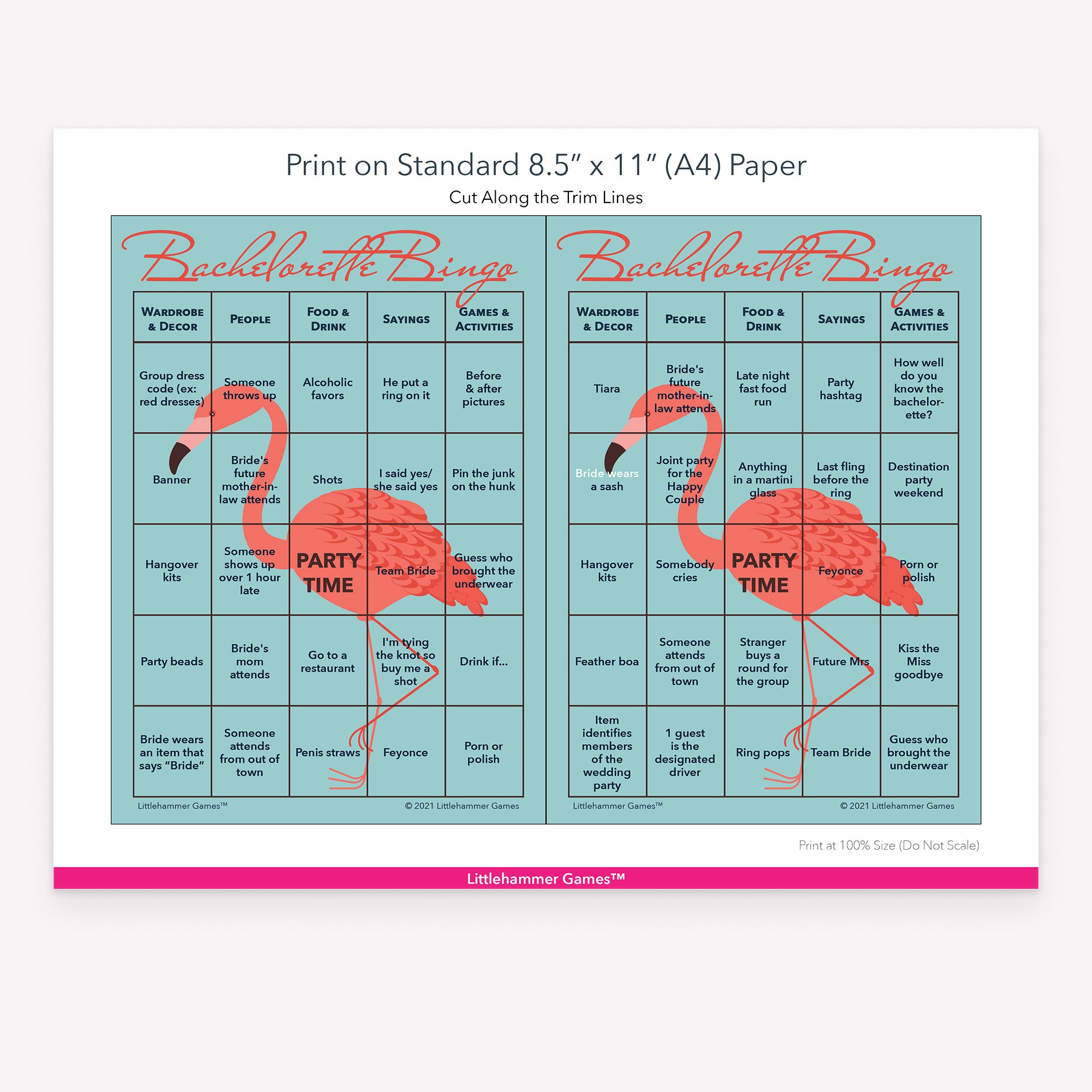 Flamingo-themed Bachelorette Bingo game cards with printing instructions