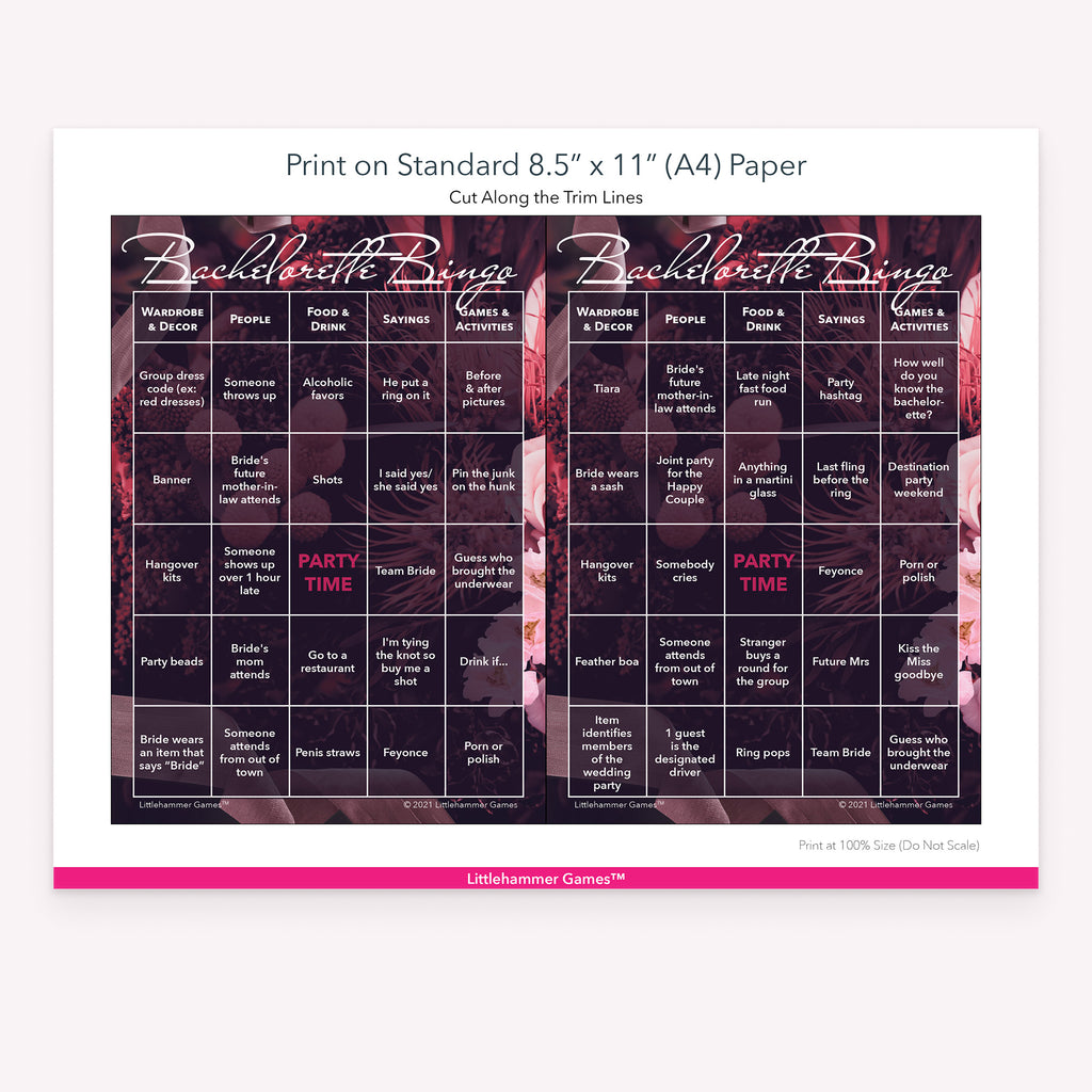 Printable dark floral Bachelorette Bingo game card layout showing US Letter size dimensions and printing information