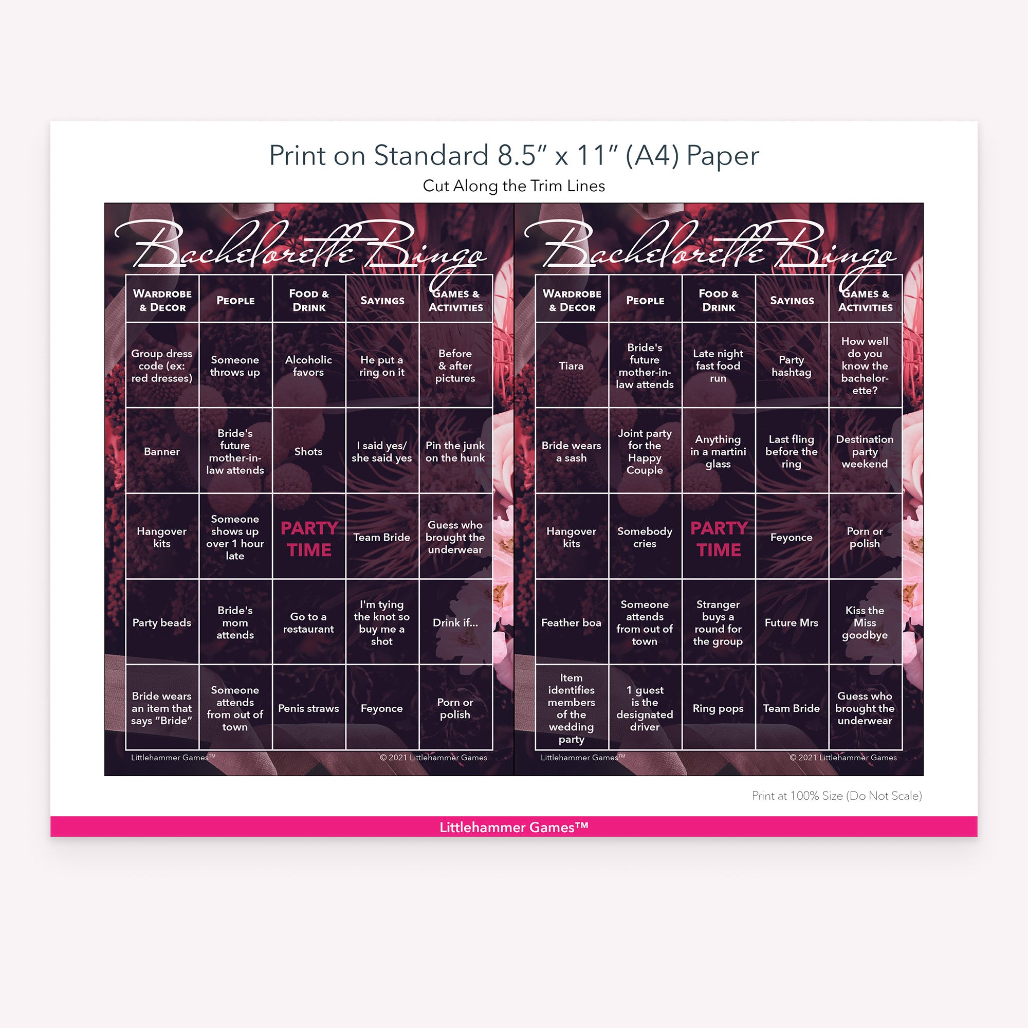 Dark floral Bachelorette Bingo game cards with printing instructions