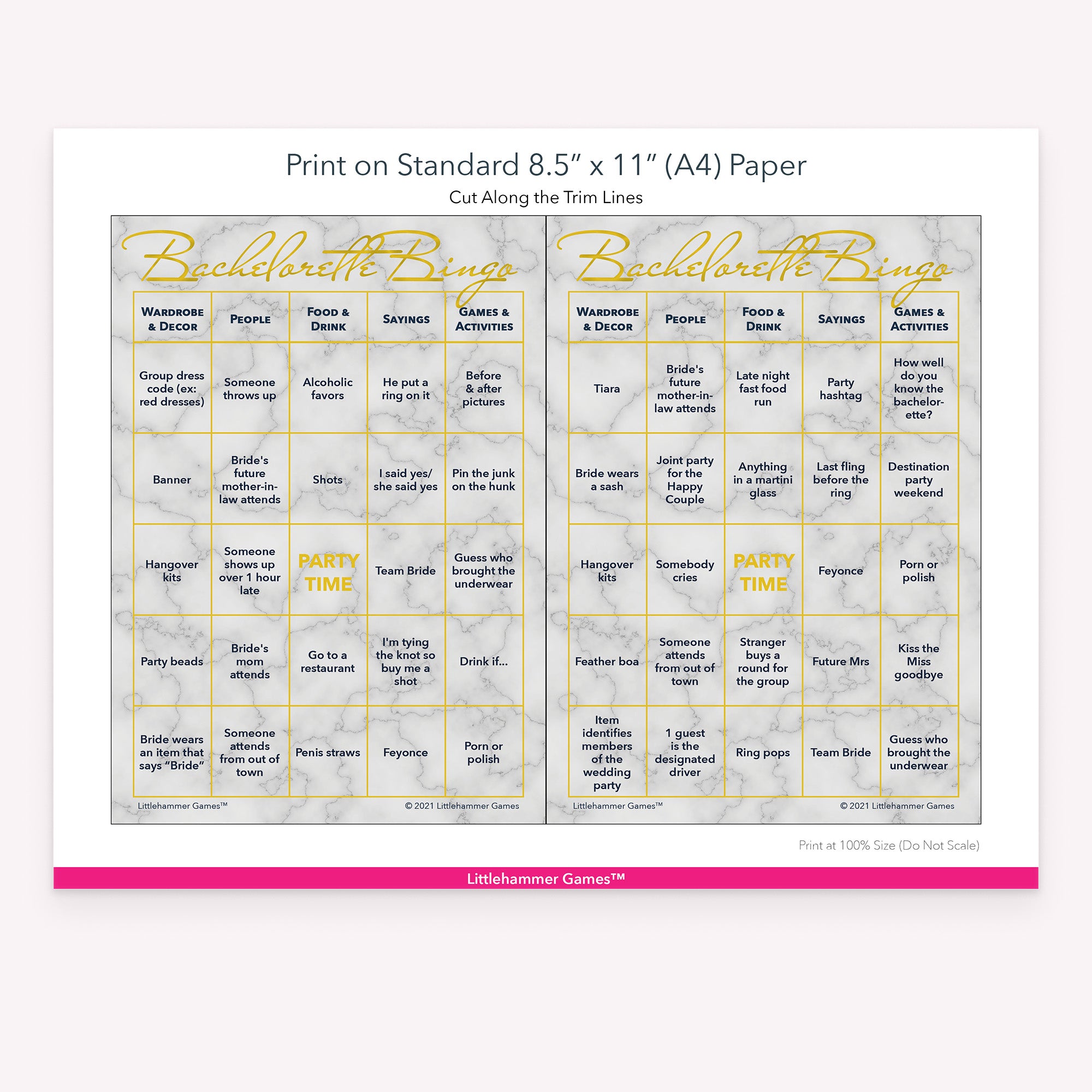 Gold marble Bachelorette Bingo game cards with printing instructions