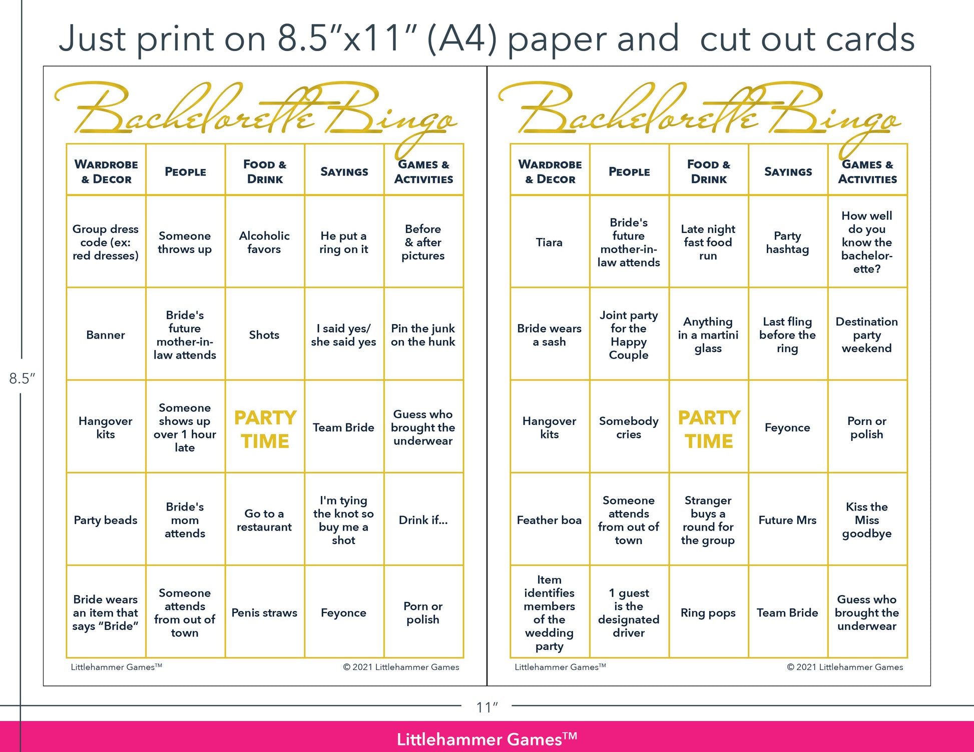 Gold and white Bachelorette Bingo game cards with printing instructions