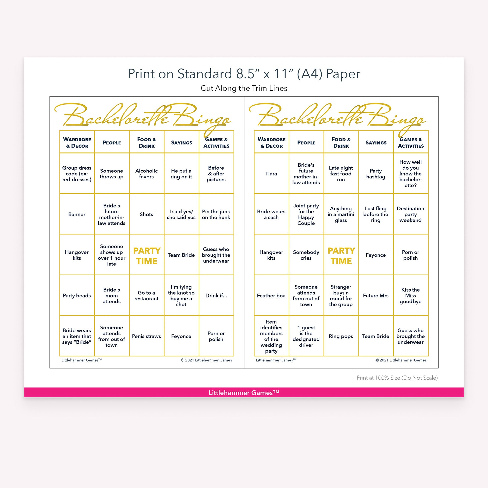 Gold and white Bachelorette Bingo game cards with printing instructions