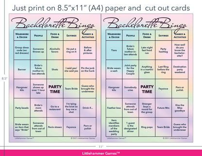 Hologram-themed Bachelorette Bingo game cards with printing instructions