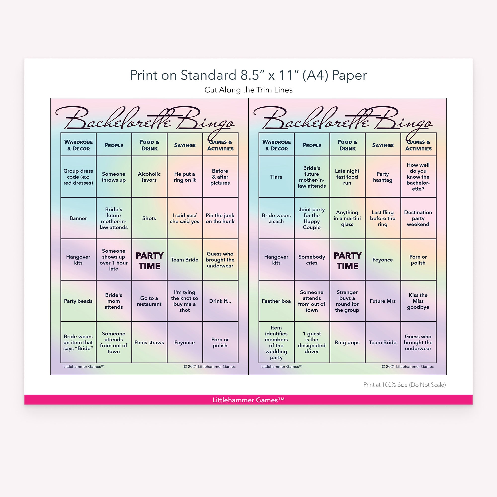 Hologram-themed Bachelorette Bingo game cards with printing instructions