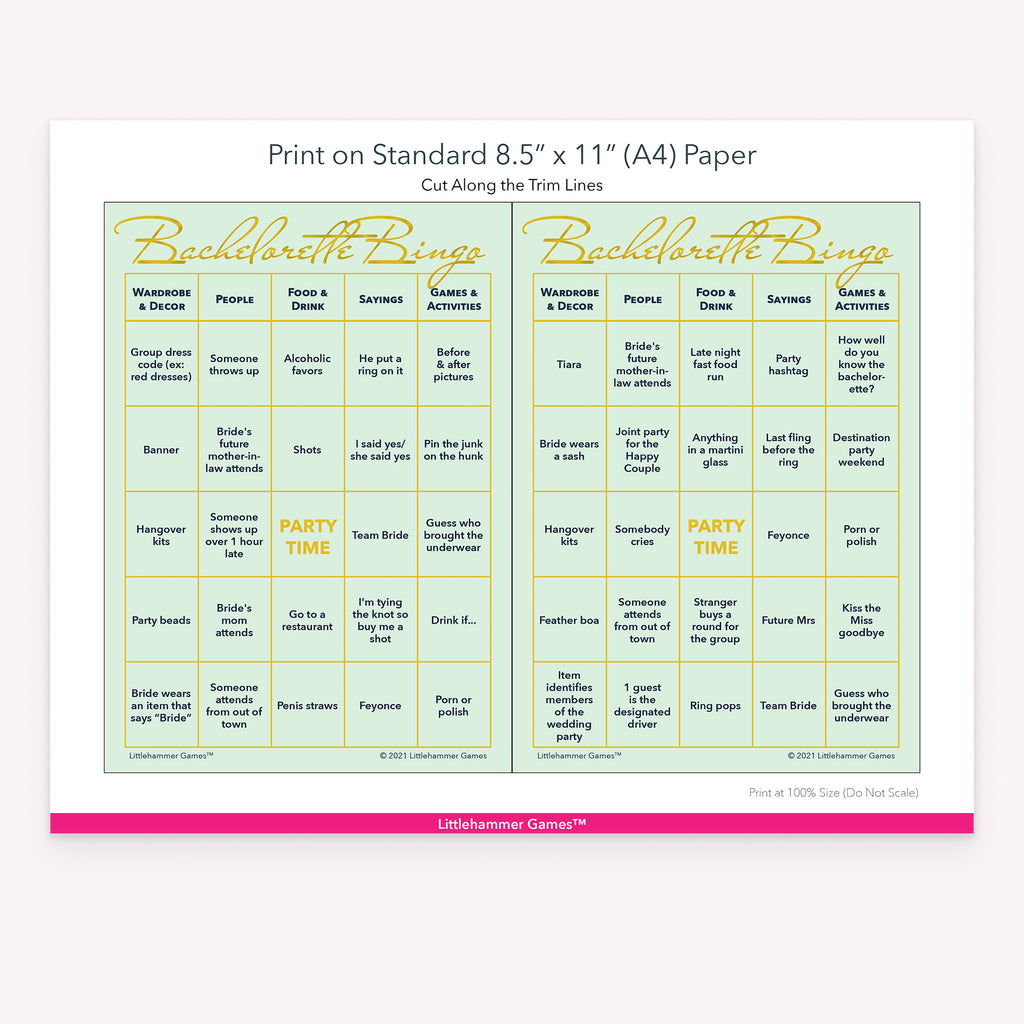 Printable mint green and gold Bachelorette Bingo game card layout showing US Letter size dimensions and printing information