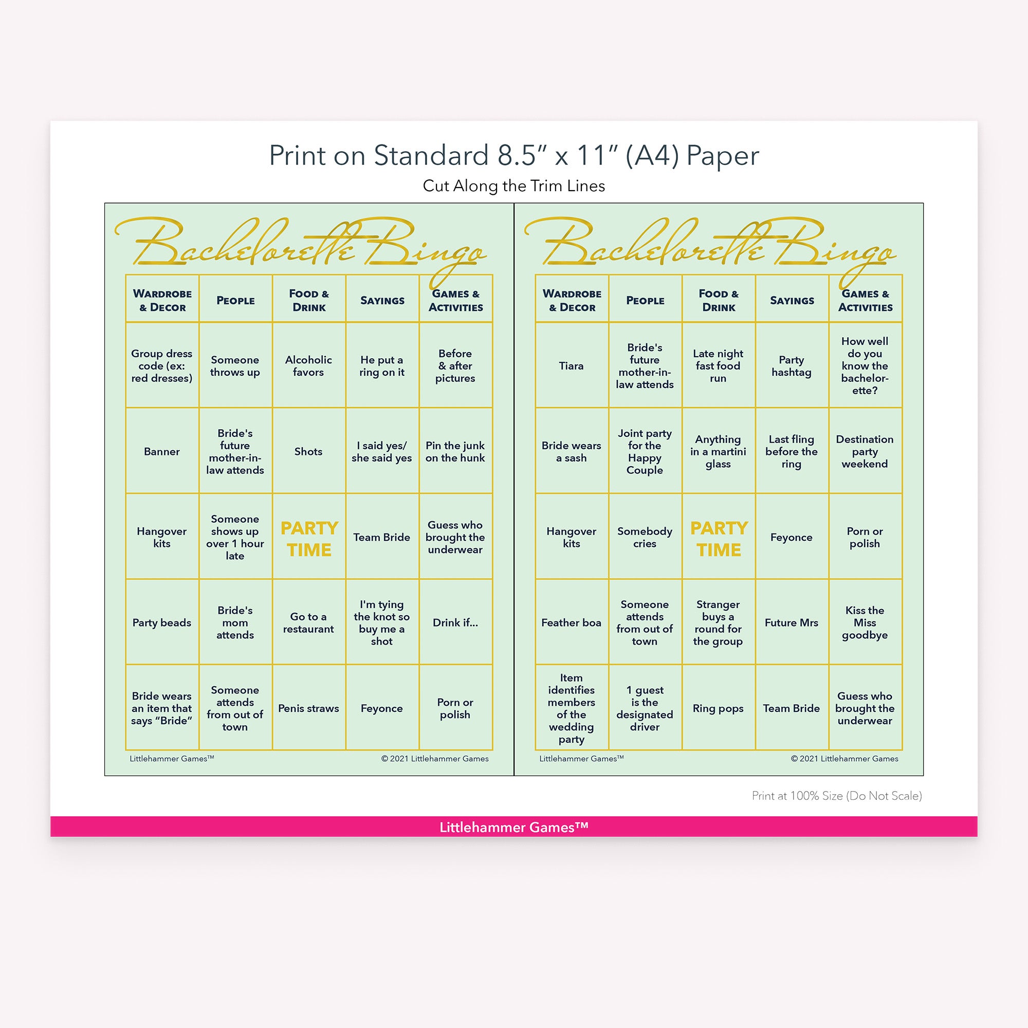 Mint and gold Bachelorette Bingo game cards with printing instructions