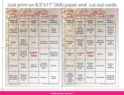 Glittery rose gold Bachelorette Bingo game cards with printing instructions