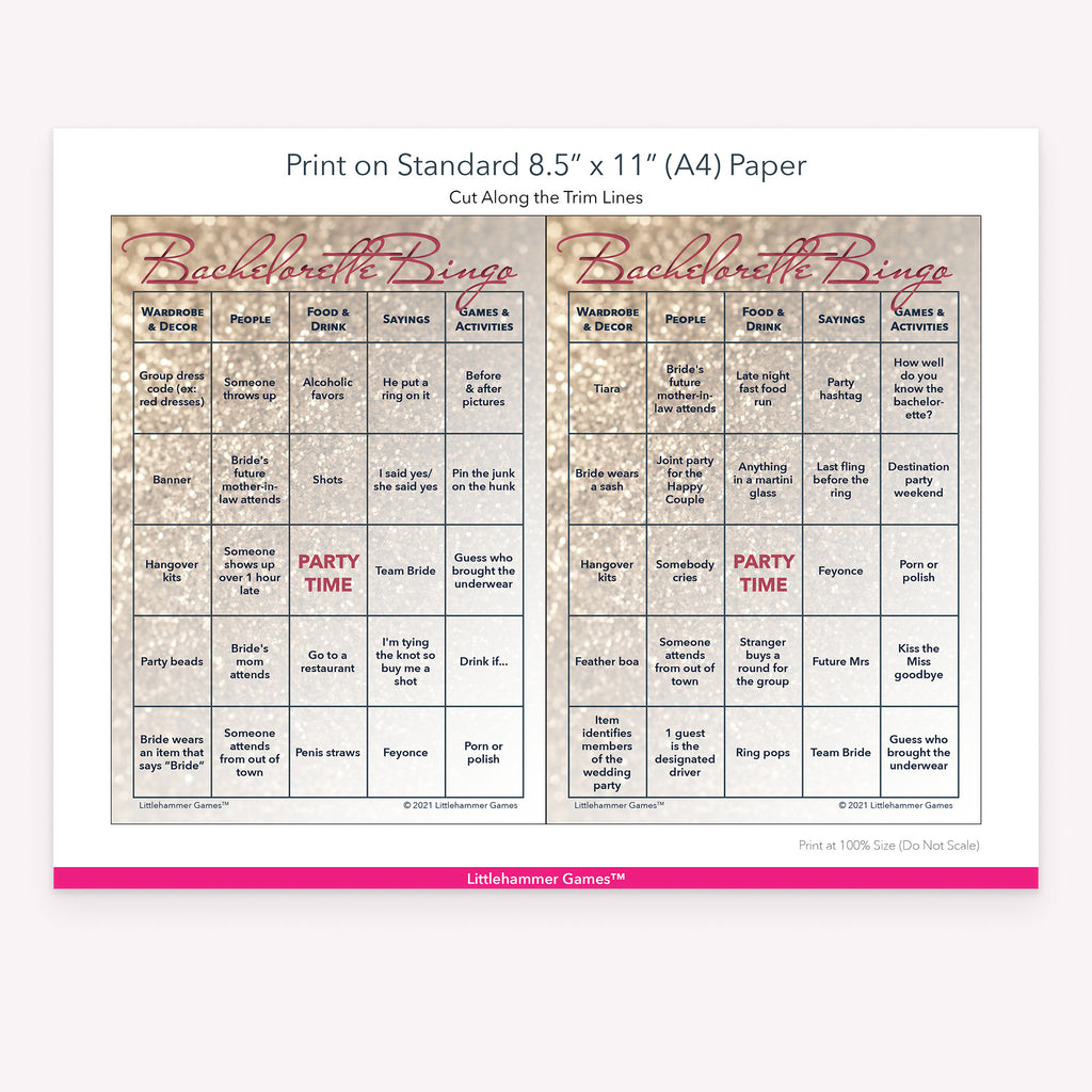 Printable glittery rose gold Bachelorette Bingo game card layout showing US Letter size dimensions and printing information