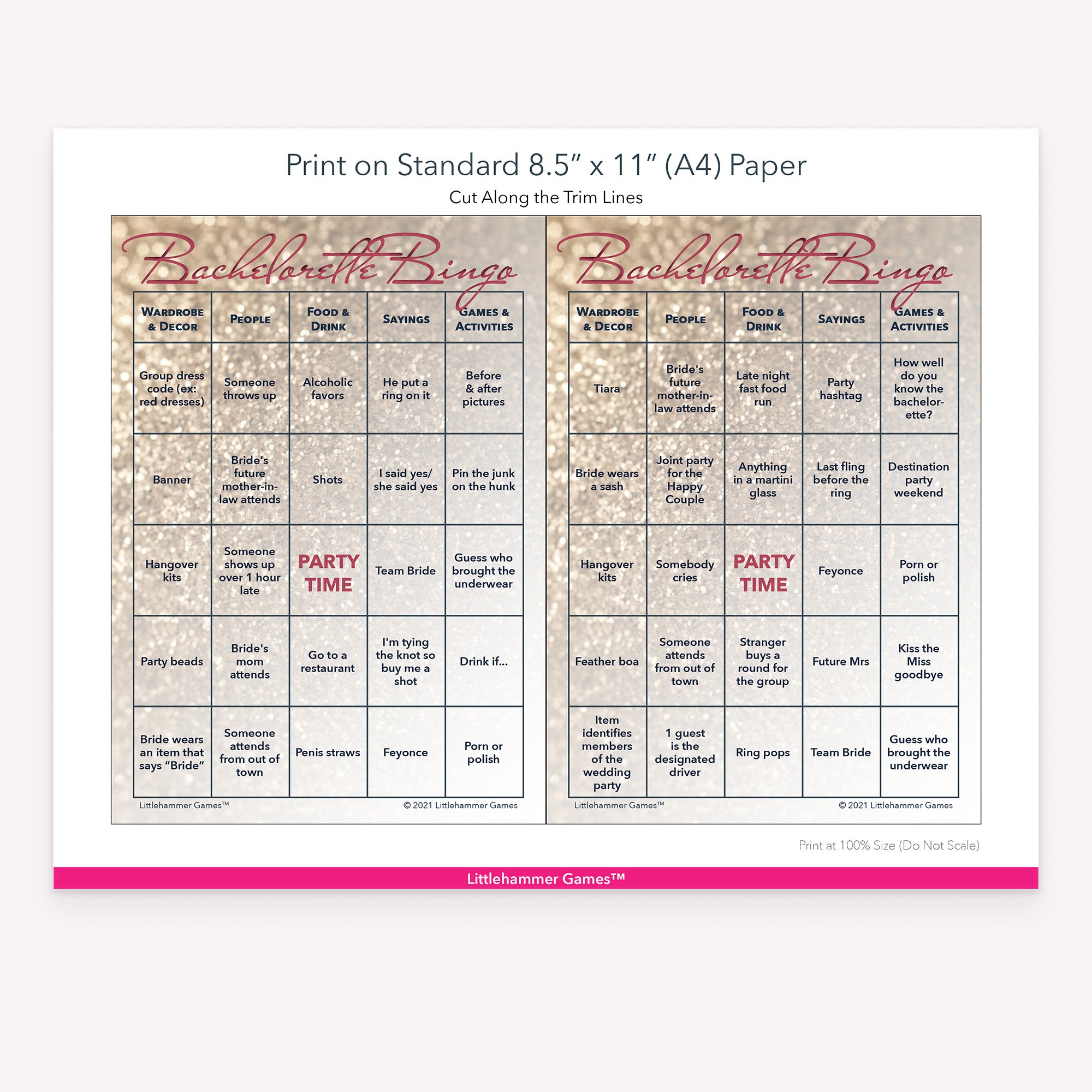 Glittery rose gold Bachelorette Bingo game cards with printing instructions
