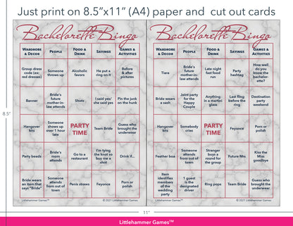 Rose gold marble Bachelorette Bingo game cards with printing instructions