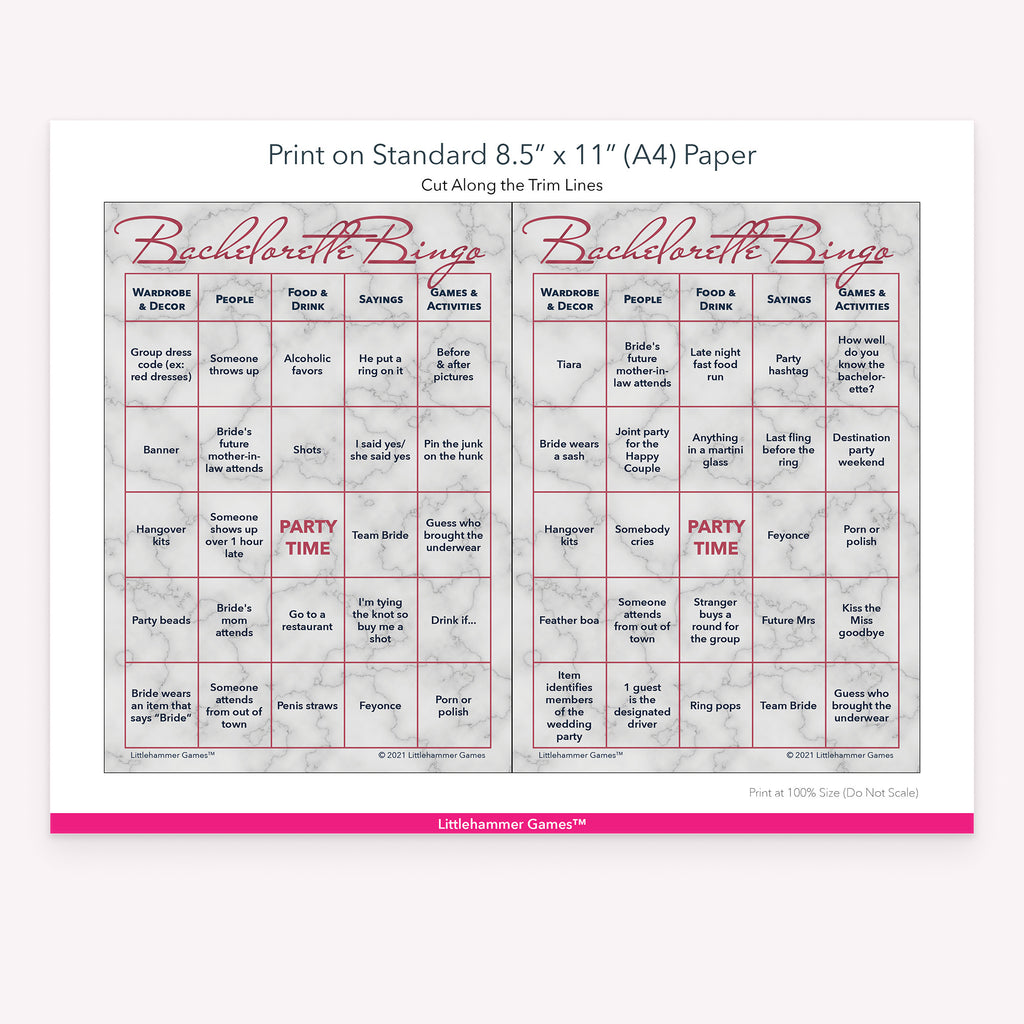 Printable rose gold and marble Bachelorette Bingo game card layout showing US Letter size dimensions and printing information