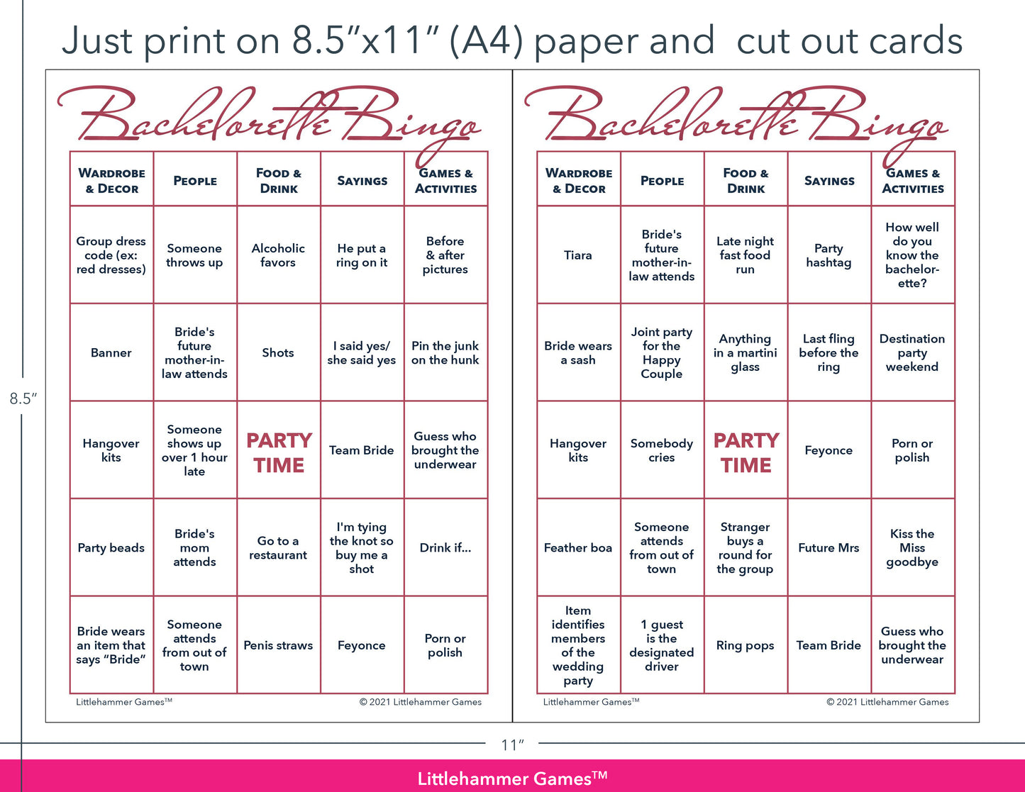 Rose gold and white Bachelorette Bingo game cards with printing instructions