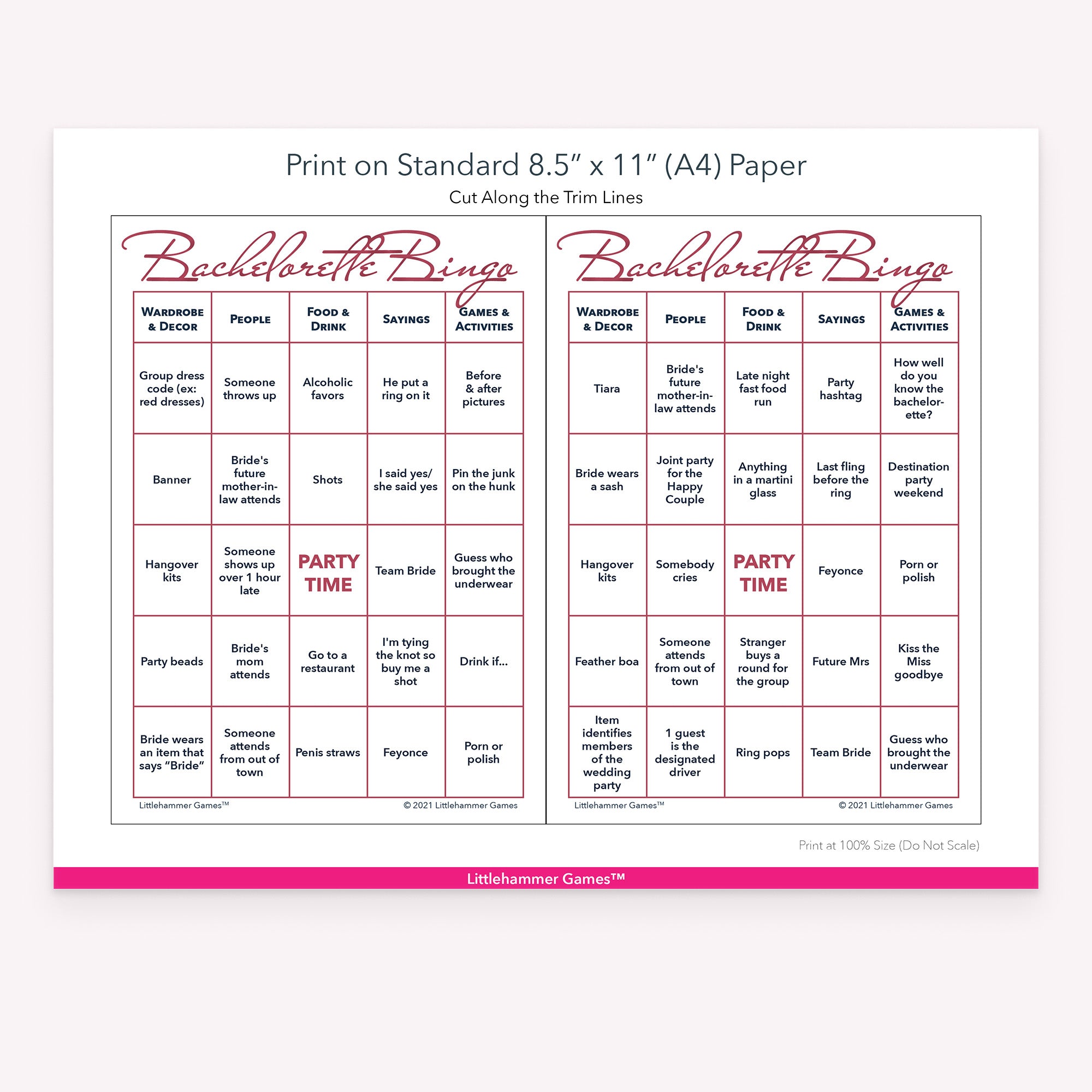 Rose gold and white Bachelorette Bingo game cards with printing instructions