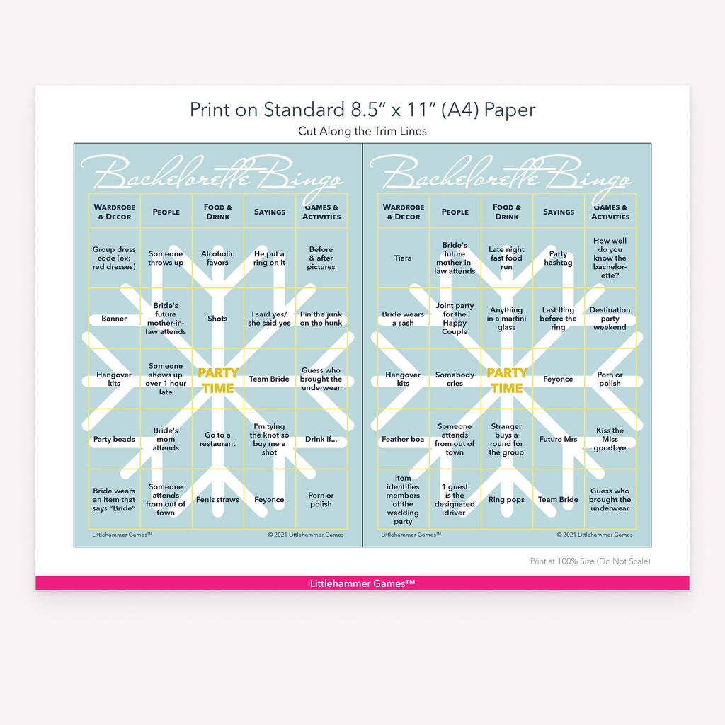 Printable geometric snowflake Bachelorette Bingo game card layout showing US Letter size dimensions and printing information
