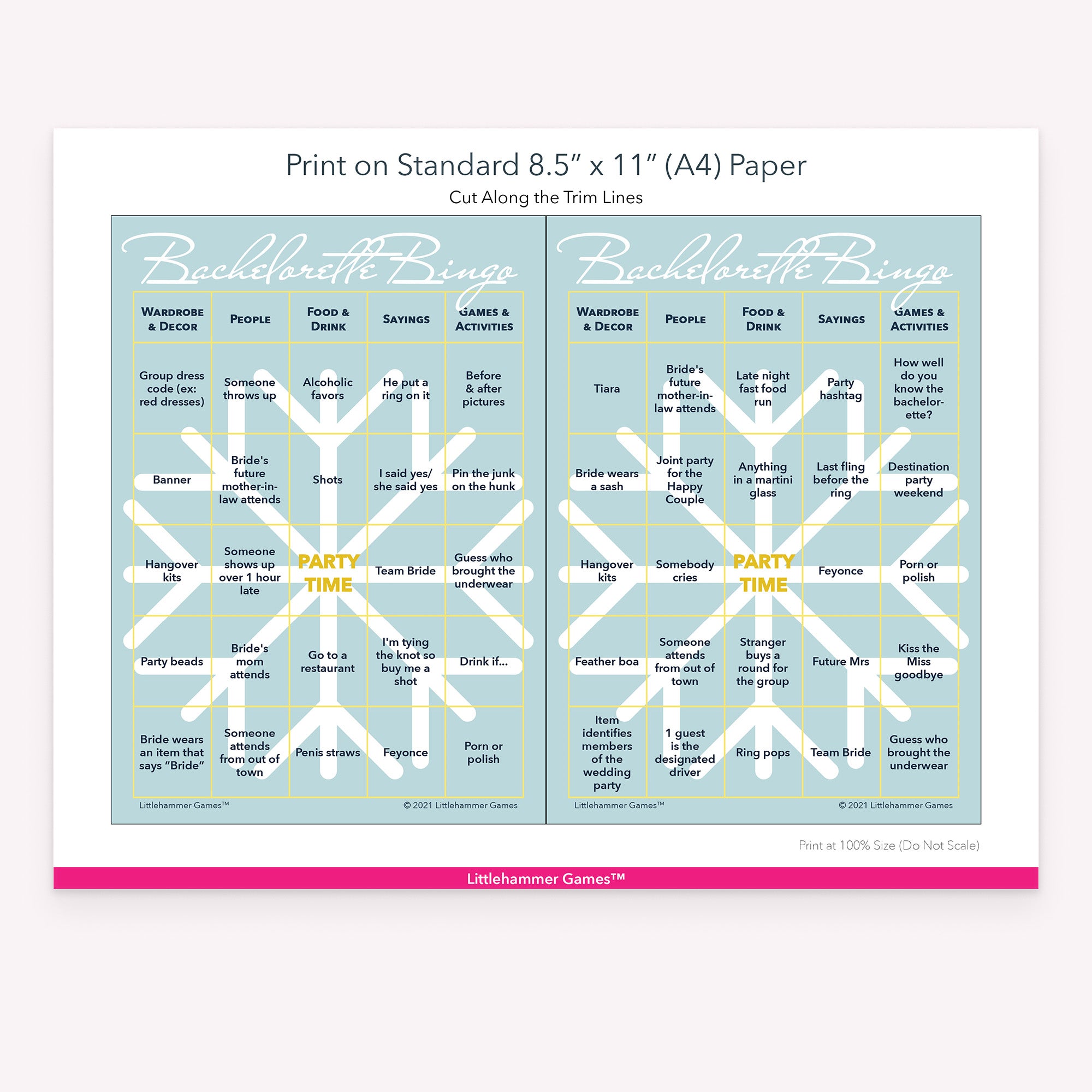 Snowflake-themed Bachelorette Bingo game cards with printing instructions