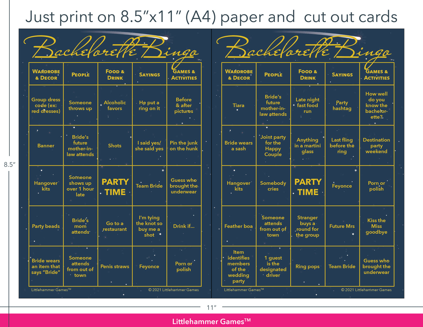 Celestial-themed Bachelorette Bingo game cards with printing instructions