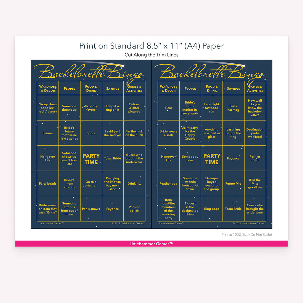 Printable celestial-themed Bachelorette Bingo game card layout showing US Letter size dimensions and printing information