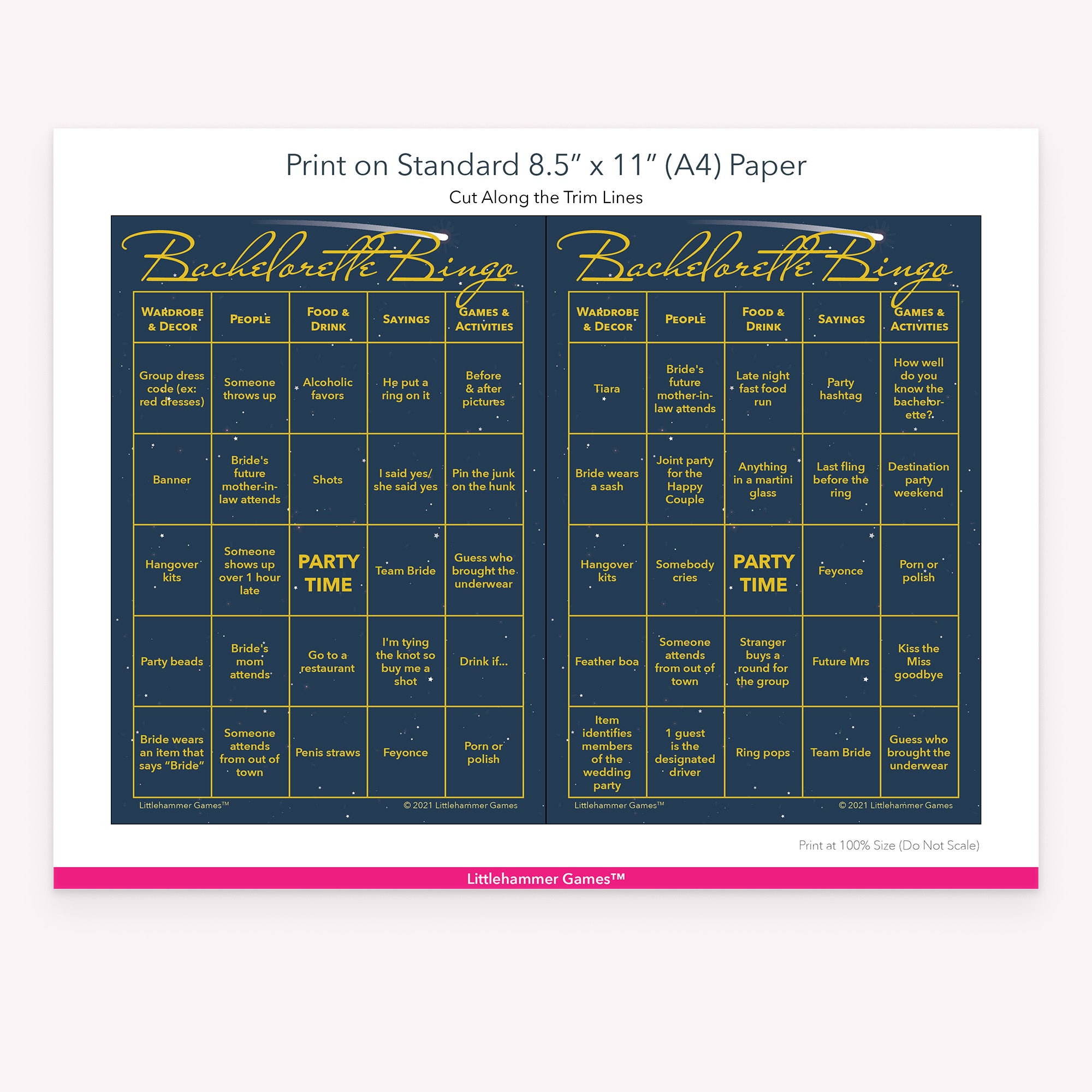 Celestial-themed Bachelorette Bingo game cards with printing instructions