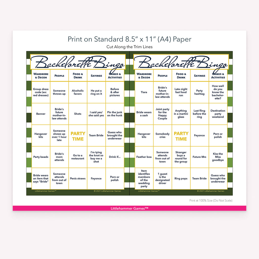 Printable green-striped Bachelorette Bingo game card layout showing US Letter size dimensions and printing information