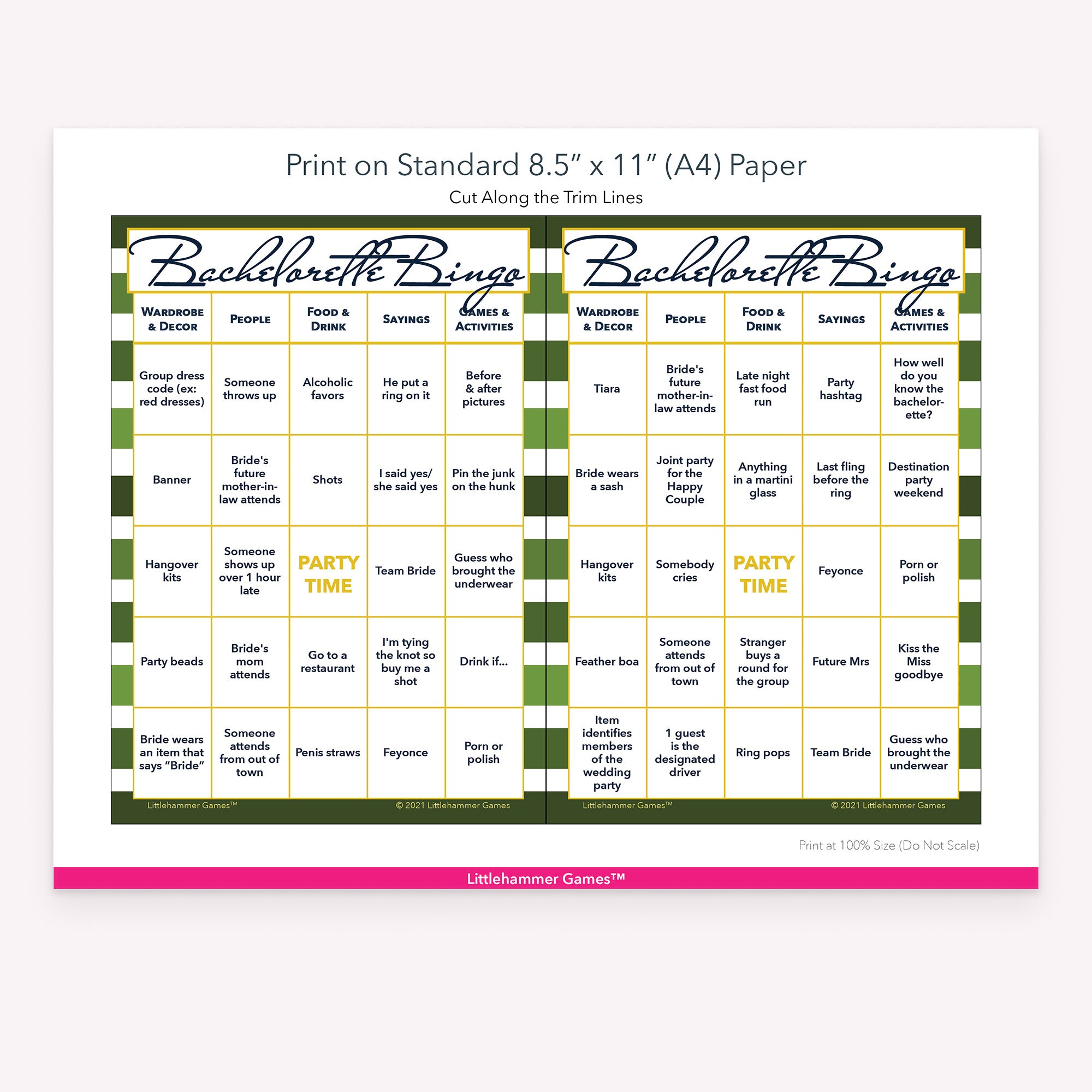 Green-striped Bachelorette Bingo game cards with printing instructions