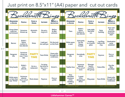 Green-striped Bachelorette Bingo game cards with printing instructions