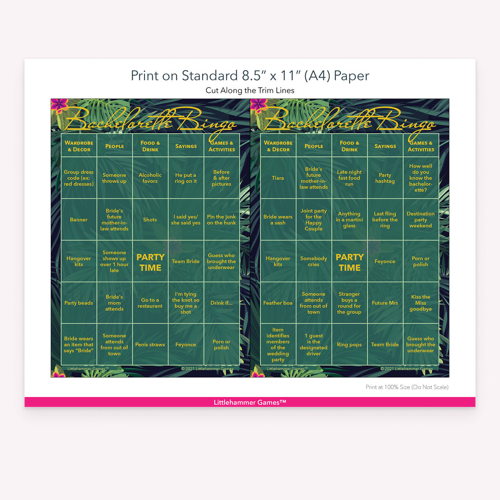 Printable tropical-themed Bachelorette Bingo game card layout showing US Letter size dimensions and printing information