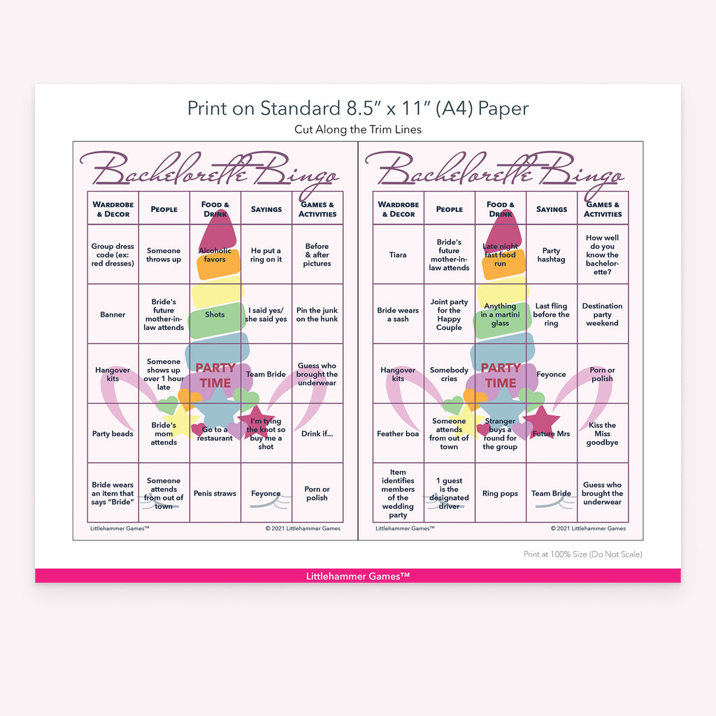 Printable pink and rainbow unicorn Bachelorette Bingo game card layout showing US Letter size dimensions and printing information