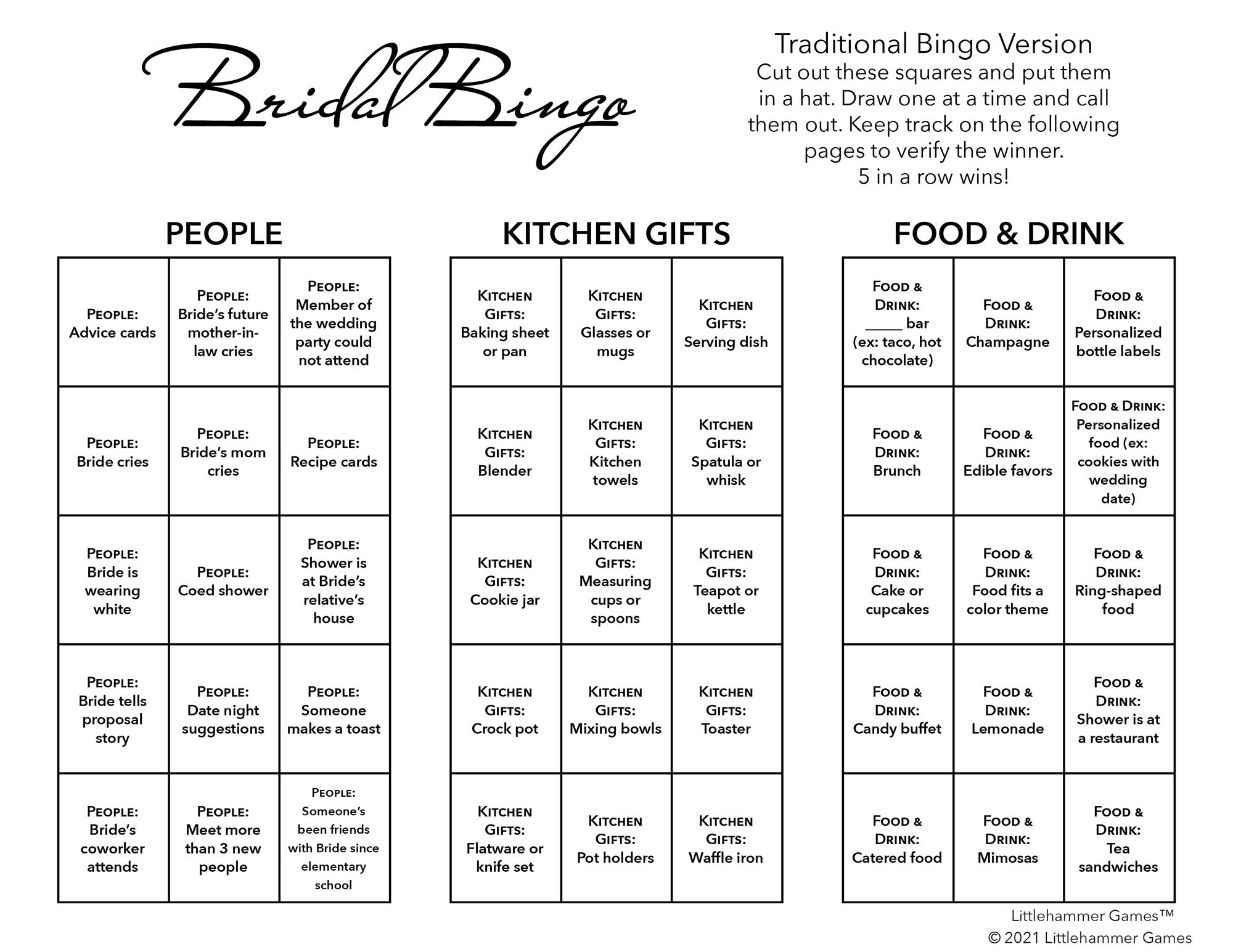 Bridal Bingo calling card with black text on a white background
