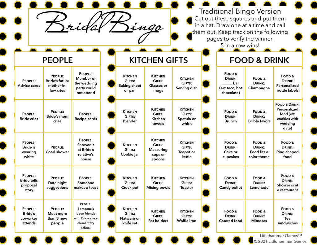 Bridal Bingo calling card on a black and gold polka dot background