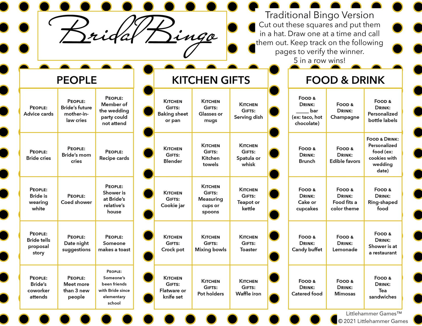 Bridal Bingo calling card on a black and gold polka dot background