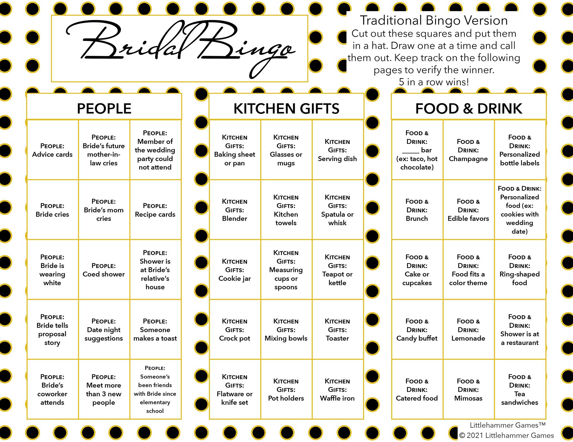 Bridal Bingo calling card on a black and gold polka dot background