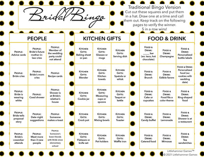 Bridal Bingo calling card on a black and gold polka dot background