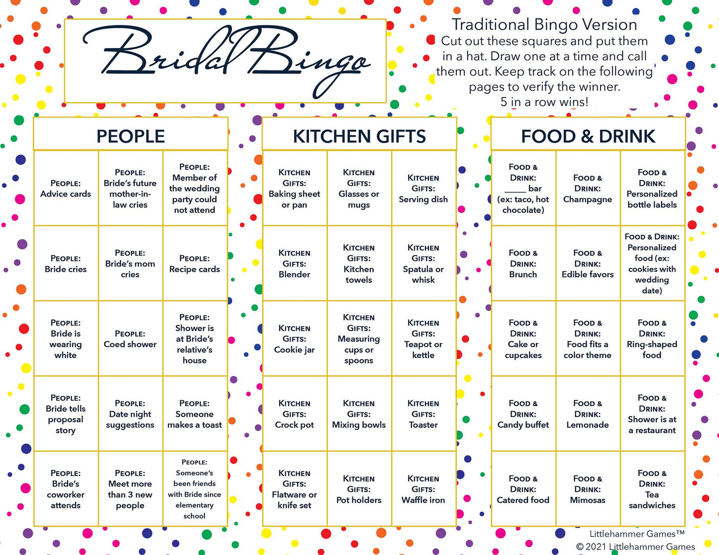 Bridal Bingo calling card on a rainbow polka dot background