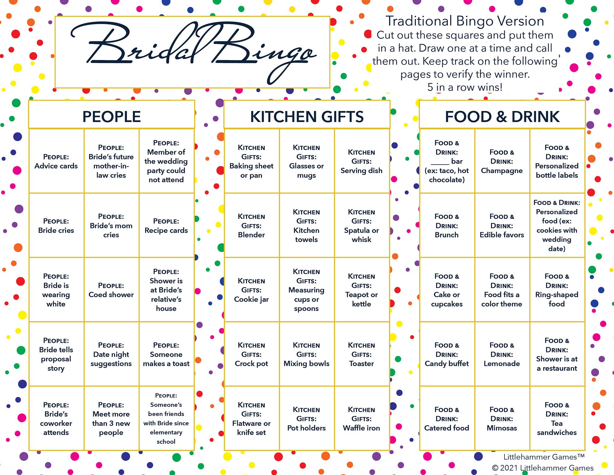 Bridal Bingo calling card on a rainbow polka dot background