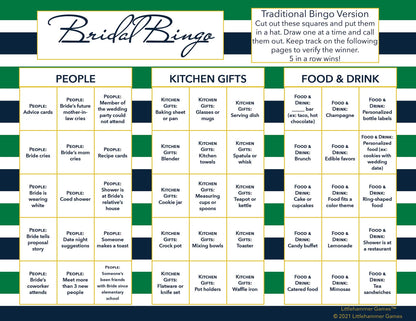 Bridal Bingo calling card on a green and navy-striped background