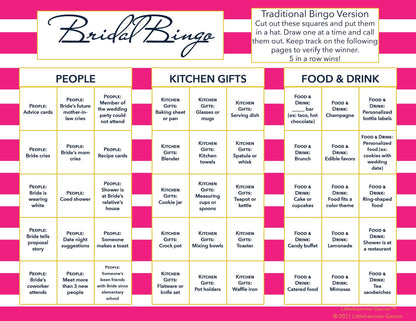 Bridal Bingo calling card on a hot pink-striped background