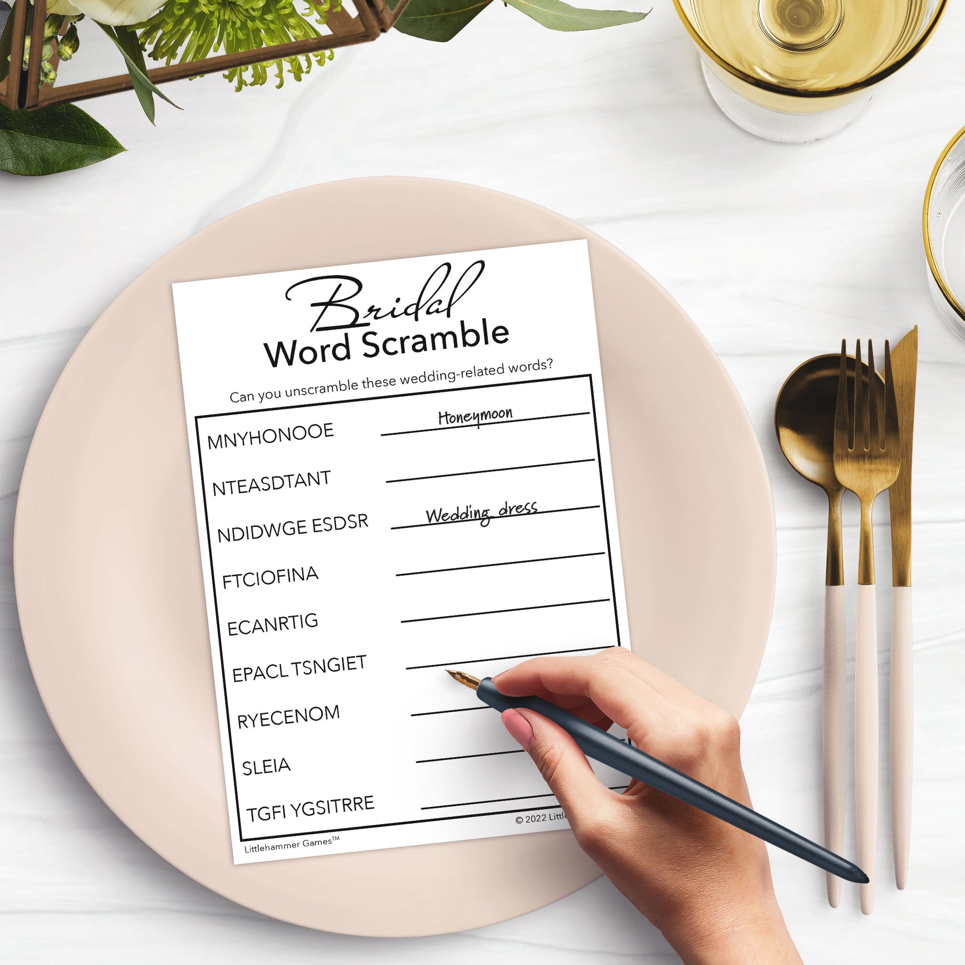 Wedding Shower Word Scramble Game Cards – 25 Game Cards + Answer Card, 5x7 Inches, Minimalist White Bridal Party Game