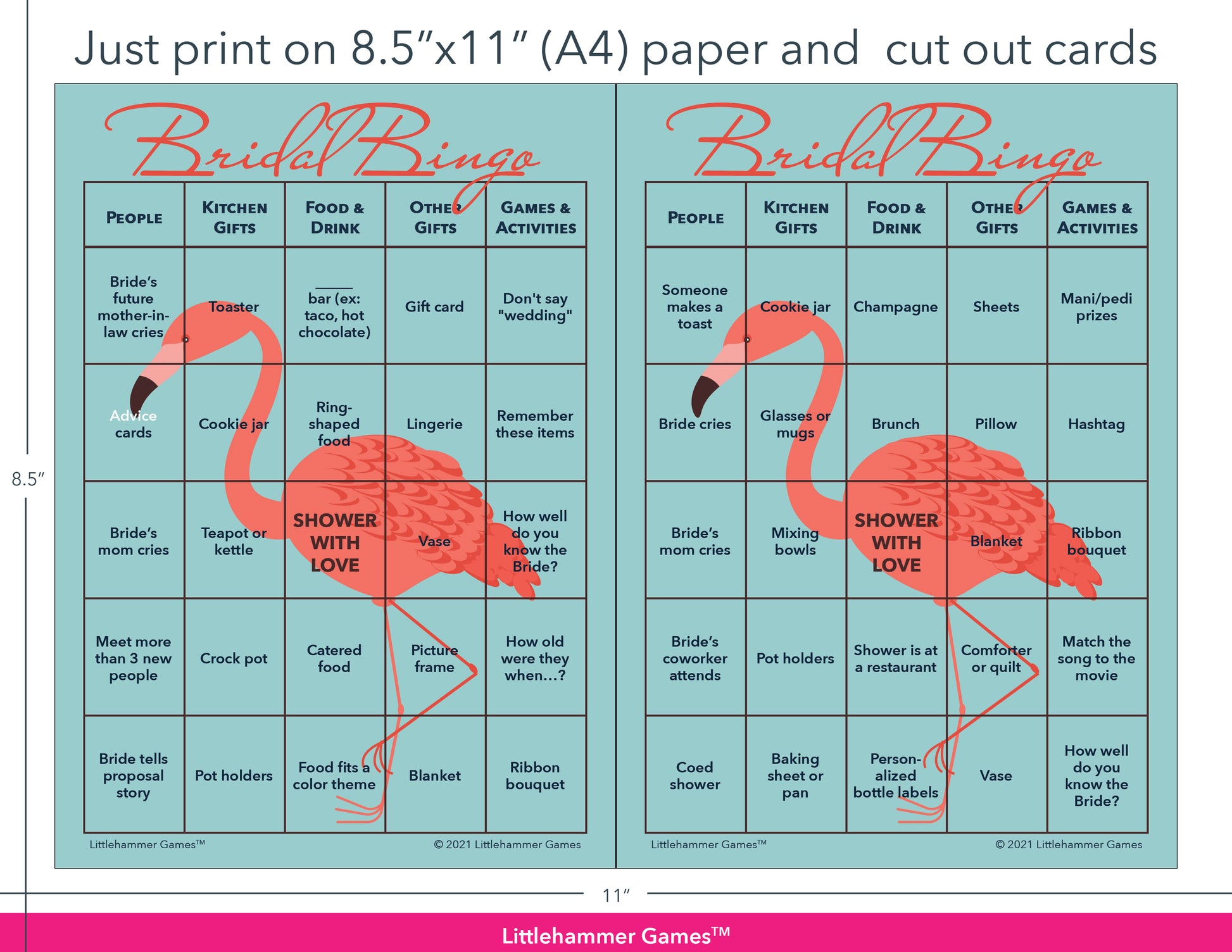 Flamingo-themed Bridal Bingo game cards with printing instructions