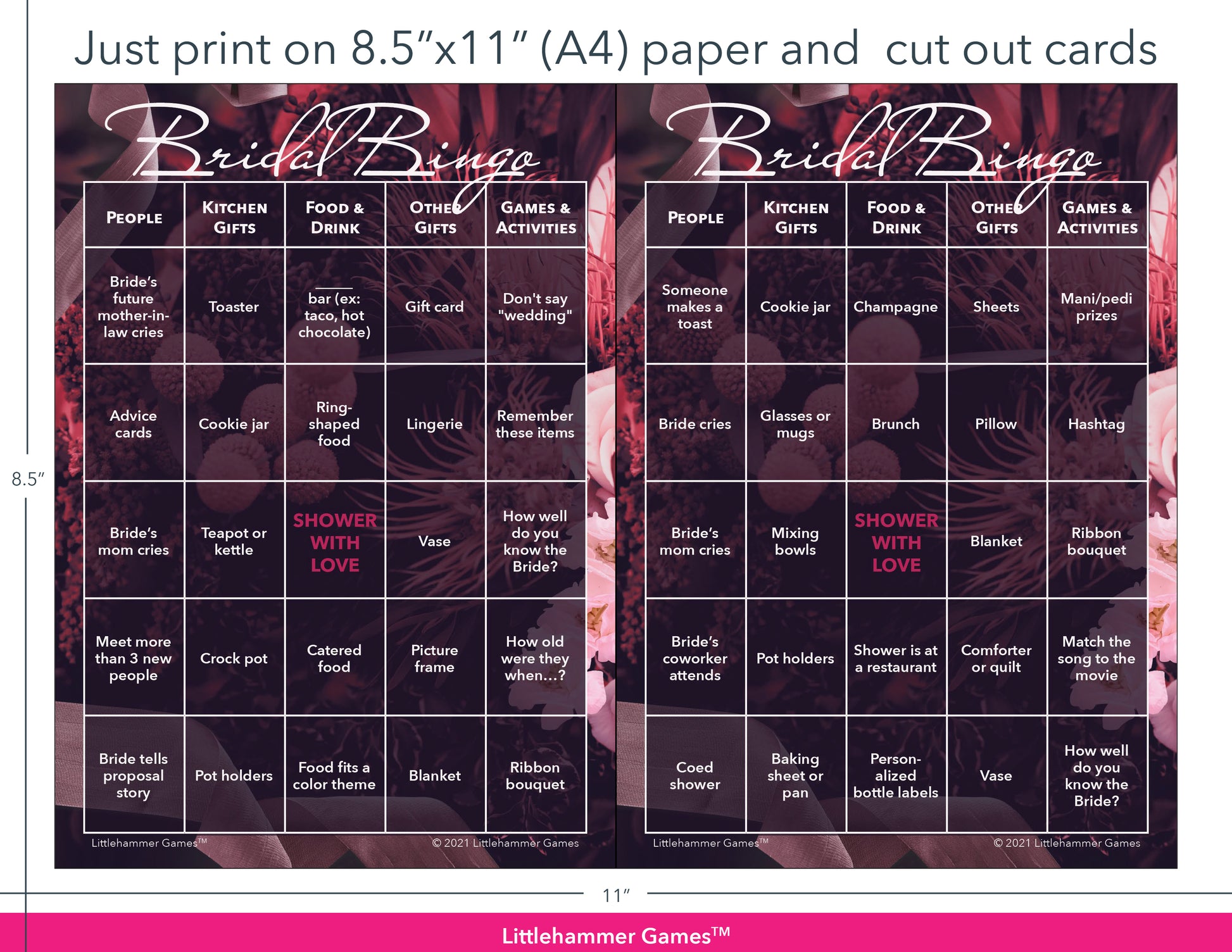 Floral themed Bridal Bingo game cards with printing instructions