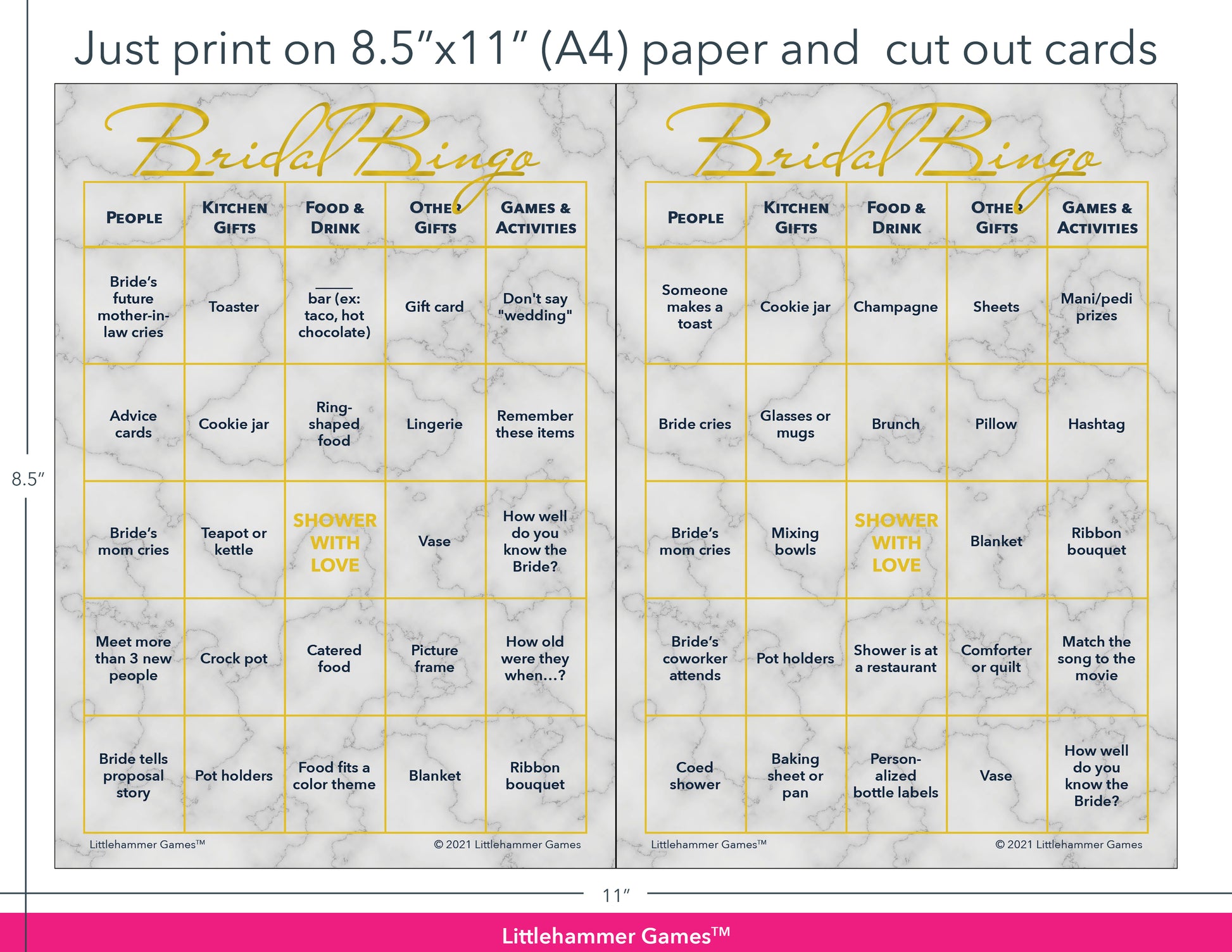 Gold and marble Bridal Bingo game cards with printing instructions