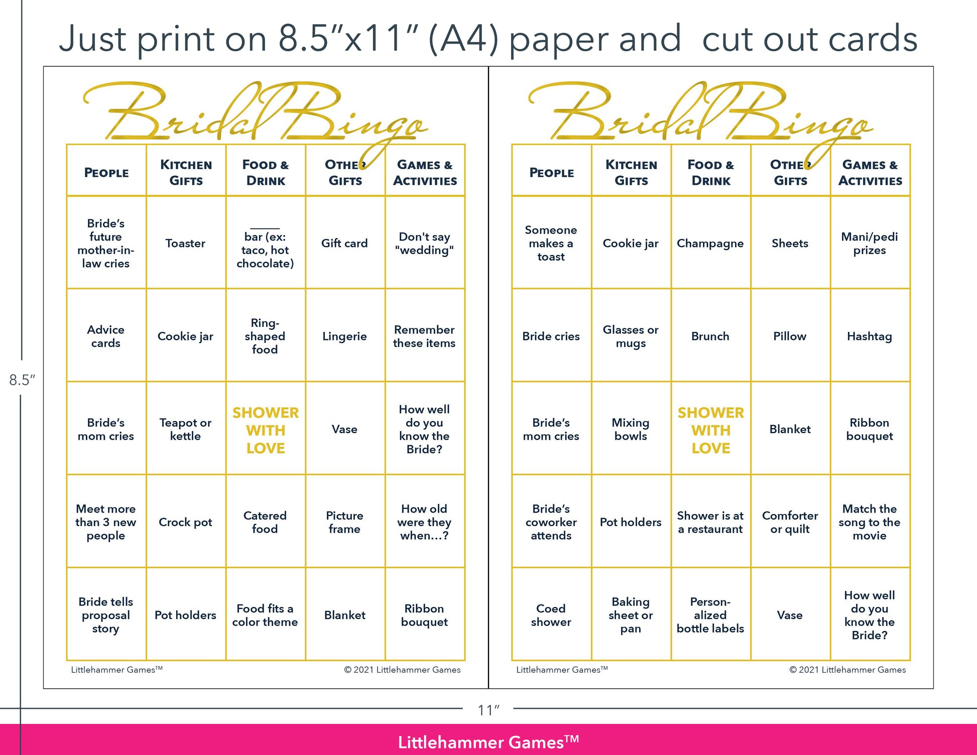 Gold and white Bridal Bingo game cards with printing instructions