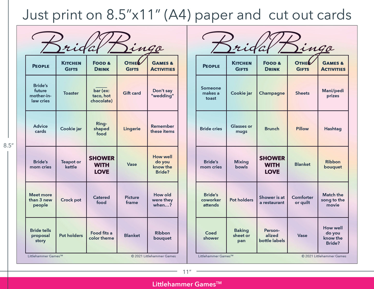 Hologram-themed Bridal Bingo game cards with printing instructions