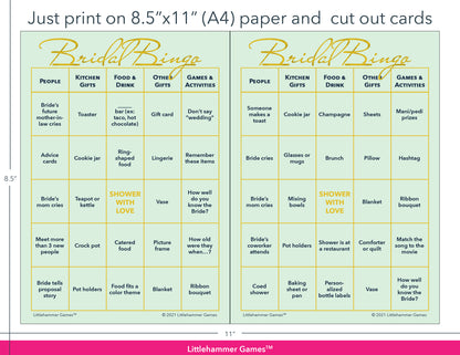 Mint and gold Bridal Bingo game cards with printing instructions